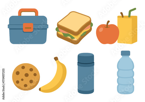 Colorful lunchbox essentials: sandwich, fruit, juice, and snacks illustration