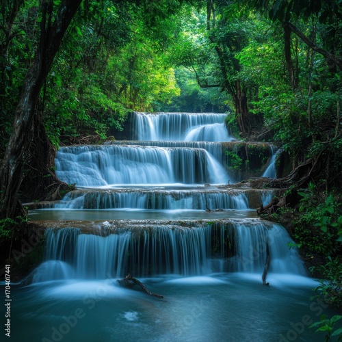Serene lush green forest with cascading waterfall flowing over rocks surrounded by dense foliage and bright sunlight filte through canopy on a peaceful day