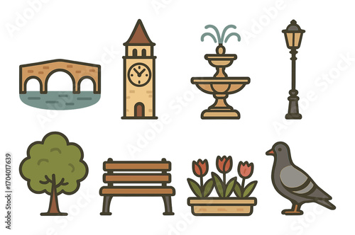 Icon set of bridge clock tower fountain tree bench flowers lamp and pigeon