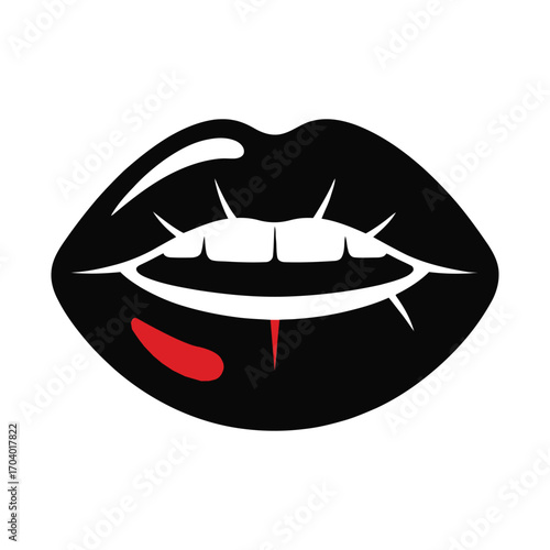 Bold black lips with a hint of red and white teeth