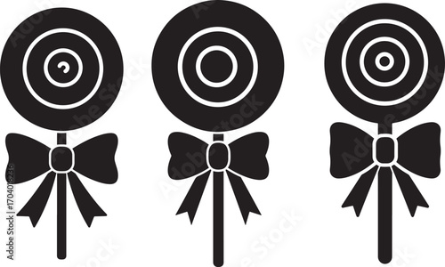 Three black lollipop silhouettes with bows on white background silhouette