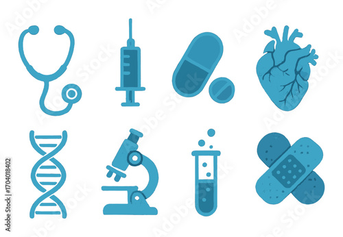 Medical symbols: stethoscope, syringe, pills, heart, dna, microscope, test tube, bandages
