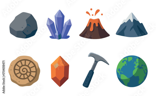 Illustrated icons of rocks, crystals, volcano, mountain, fossil, hammer, earth