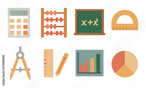 Colorful math tools set with calculator, abacus, chalkboard, and graph for learning