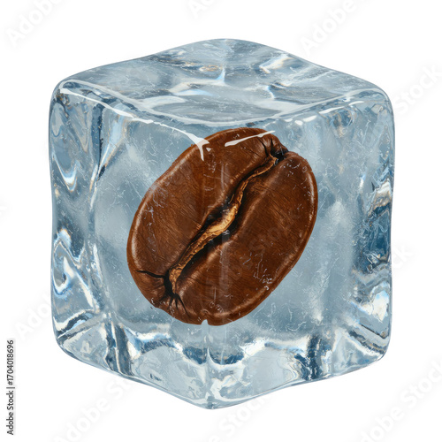 Frozen Coffee Bean in a Crystal Clear Ice Cube: A Stunning Image for Beverage Packaging, Website Banners, and Culinary Designs