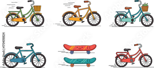 Cartoon bicycles and skateboards with playful designs, colorful outdoor activity illustration promoting fun, transportation, and healthy lifestyle for kids and adults