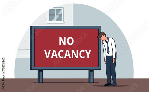 Man Dejectedly Standing by a No Vacancy Sign in an Urban Setting