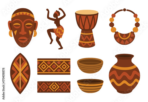 African tribal art and music symbols with mask, dancer, drums, necklace, and pottery