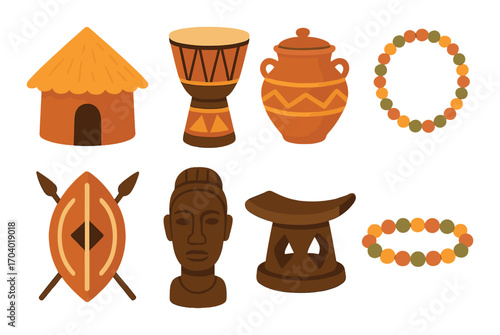 Traditional african artifacts and symbols with drum, hut, mask, shield, and beads
