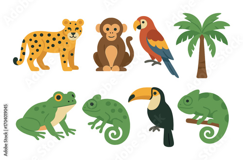 Colorful jungle animals illustration with toucan, monkey, and chameleon
