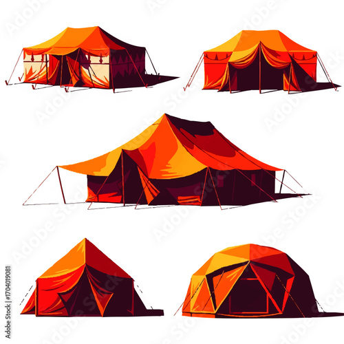 Collection of five illustrated canvas tents in warm orange, red, and yellow hues.