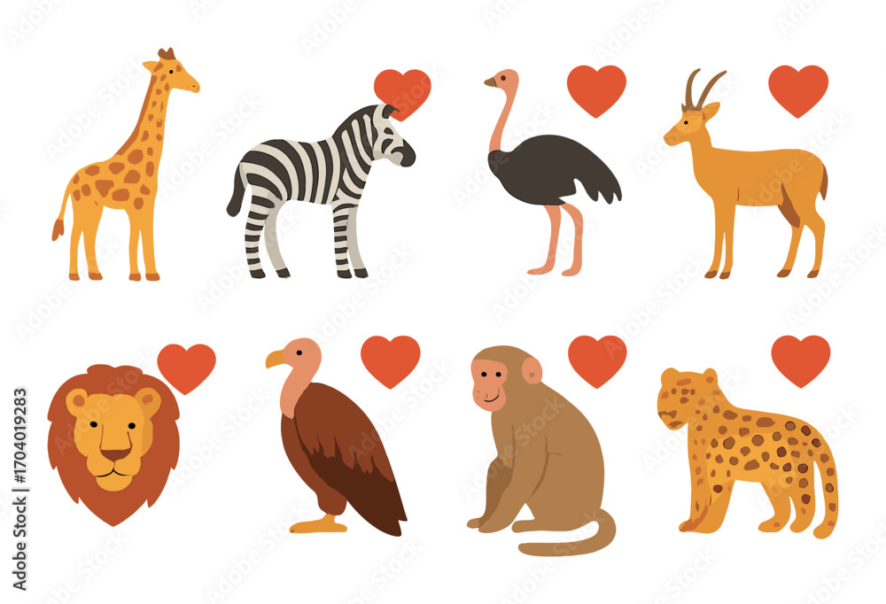 Fototapeta premium Safari animal friends: giraffe, zebra, ostrich, antelope, lion, vulture, monkey, leopard