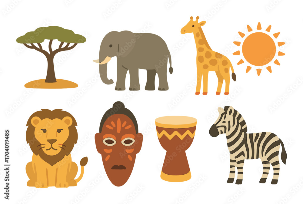 Fototapeta premium African wildlife and cultural symbols with lion elephant zebra mask drum