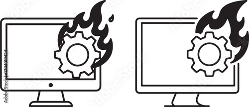 Computer monitors on fire with gears silhouette