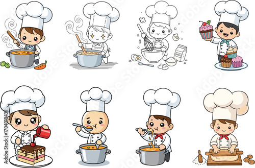 Cartoon child chefs cooking and baking, stirring soup, decorating cakes, rolling dough, tasting food, kitchen activities, culinary skills, vector illustration design