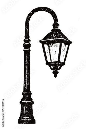 Elegantly crafted vintage black and white street lamp silhouette illustration, showcasing a classic Victorian-era lamppost with a charming decorative lantern head, perfect for historical urban lightin