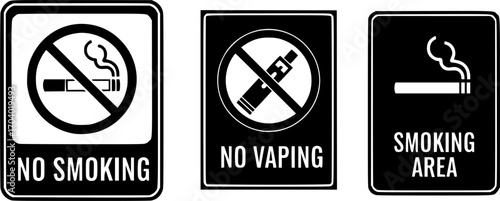 Vector set of no smoking, no vaping and smoking area sign set
