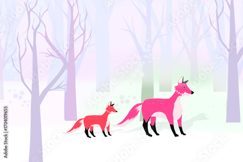 little fox cubs and mother fox against a snowy forest backdrop