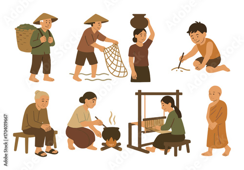 Traditional asian village life depictions: daily activities and cultural practices