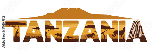 Tanzania Safari Landscape Typography Illustration with Mount Kilimanjaro, Acacia Trees, Wildlife Silhouettes and Zebra Pattern