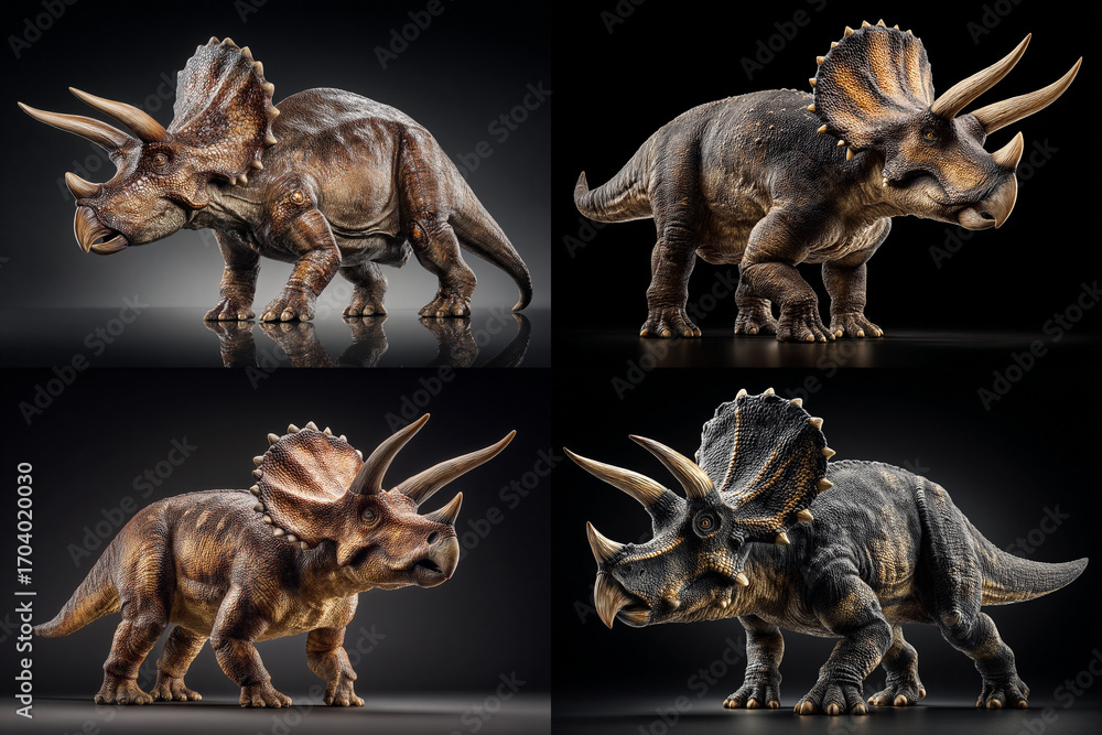 Naklejka premium triceratops 3d models displayed from multiple angles in a realistic digital grid layout