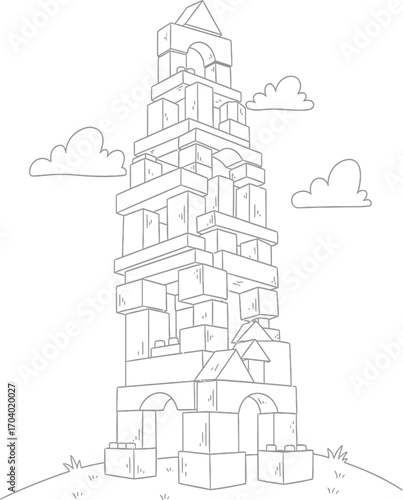 A towering structure of wooden building blocks, reaching high into the sky with playful clouds in a whimsical, doodle-style illustration.