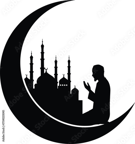 Silhouette vector of Muslim man praying on crescent moon with mosque, ideal for Ramadan, Eid, Islamic, and religious graphic themes.