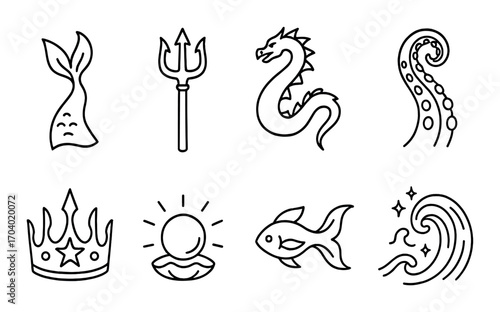 Nautical symbols: mermaid tail, trident, sea dragon, tentacle, crown, sun, fish, wave