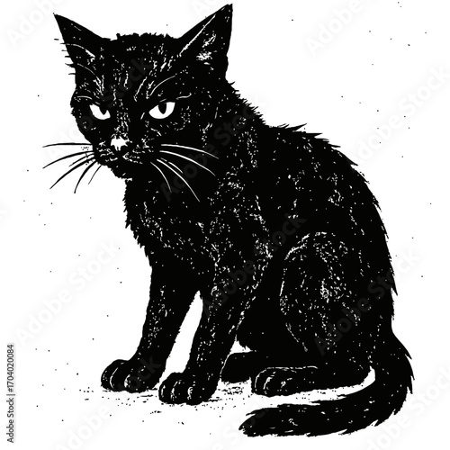 Striking black cat illustration with piercing white eyes, an intense and mysterious sitting feline silhouette. Perfect for Halloween, gothic designs, vintage aesthetics, unique animal graphic projects