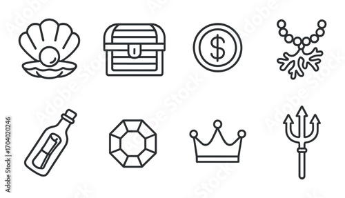 Treasure icons: shell, chest, coin, necklace, bottle, gem, crown, trident