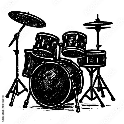 Black and white woodcut illustration of a full drum kit, showcasing bass, snare, multiple tom-toms, and cymbals. This classic musical instrument graphic perfectly encapsulates the raw power of percuss