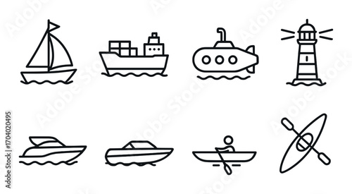 Nautical icons collection: sailboat, cargo ship, submarine, lighthouse, speedboat, canoe, kayak