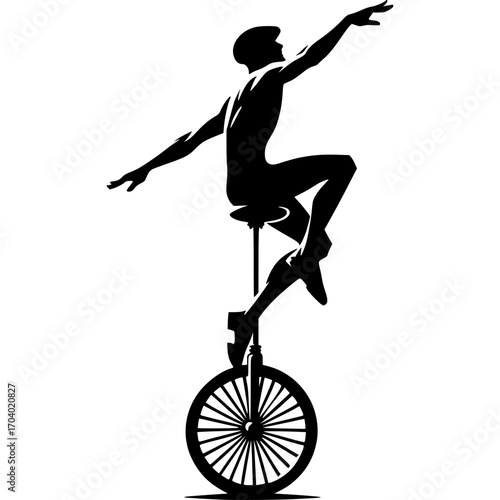 Artistic vector silhouette of a performer balancing on a unicycle in a dynamic pose, showcasing athletic skill and entertainment
