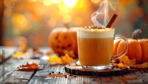 Fototapeta Naklejka Na Ścianę i Meble -  Steaming pumpkin latte with cinnamon stick served on rustic wooden table in warm autumn light.