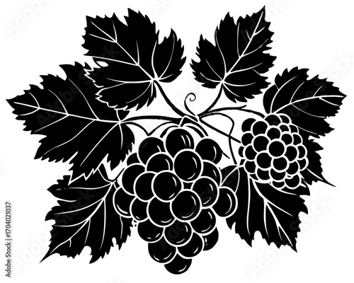Grapes Cluster Silhouette with Leaves, Autumn Harvest Linocut SVG