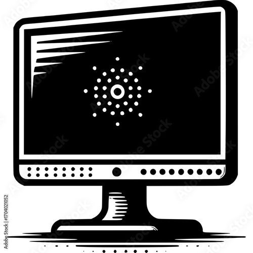 Monochrome illustration of a desktop computer monitor displaying a digital currency symbol, representing blockchain and fintech technology concepts