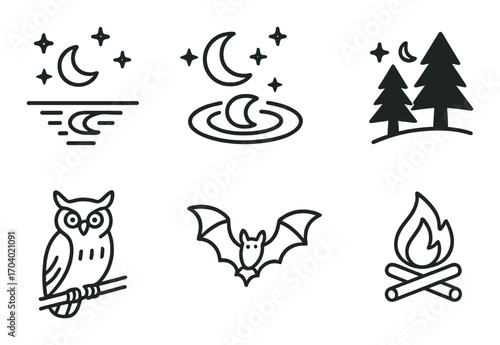 Nighttime symbols: moon, stars, owl, bat, campfire, trees
