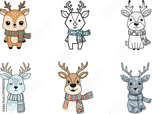 Cartoon reindeer in various artistic styles wearing scarves, cute, geometric, realistic, winter holiday, Christmas decoration, festive season vector illustration design