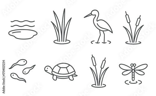 Pond life icons: heron, tadpoles, turtle, dragonfly, and reeds in minimalist design