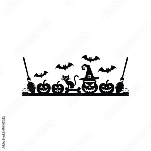 Halloween Silhouette with Pumpkins, Black Cat, Witch Hat, Bats, and Broomsticks