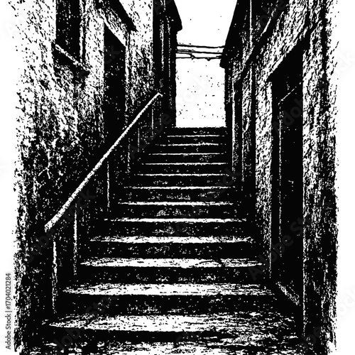 A stark, high-contrast black and white illustration featuring dark, old stone stairs ascending in a narrow, mysterious urban alleyway, with heavily textured walls and a distinct handrail on the left s