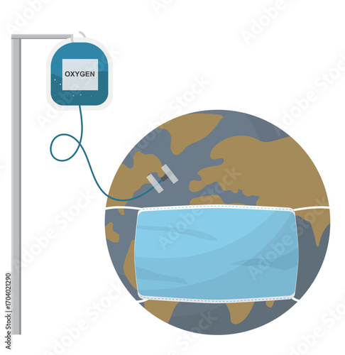 Planet Earth on Life Support with Oxygen Medical Equipment isolated on transparent background. Environmental health crisis. Climate change concept. Global warming. Flat style. Vector illustration