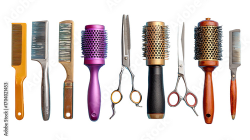 Row of assorted hairdressing tools.  Various combs, brushes, and shears in different colors and materials