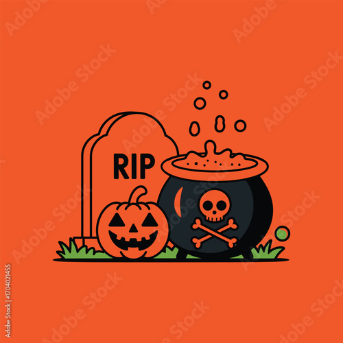 Halloween Graveyard with Pumpkin and Witch Cauldron Illustration