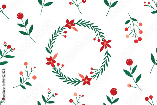  Pattern of delicate floral wreaths. Decorative motif for a seamless ornament, herbs, flowers, leaves and red berries on white background