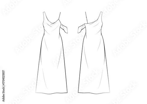 Women Nightwear Drapery Off Shoulder Slip Dress Evening Dress , Front & Back View, fashion flat sketch, Front & Back View, Editable Flat Technical Drawings Illustration, Dress Mock up