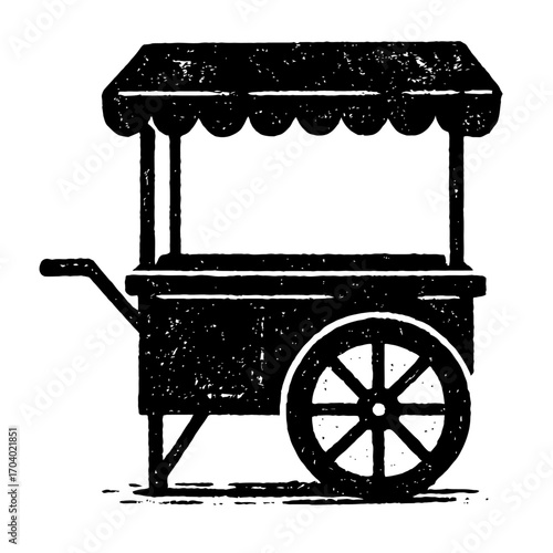 Vintage Street Vendor Food Cart Illustration. Classic Mobile Concession Stand with Awning. Rustic Black and White Graphic Element. Perfect for Market Stalls, Event Promotions & Retro Designs.