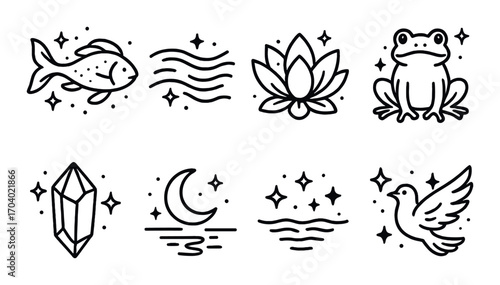 Minimalist nature icons: fish, lotus, frog, crystal, moon, bird