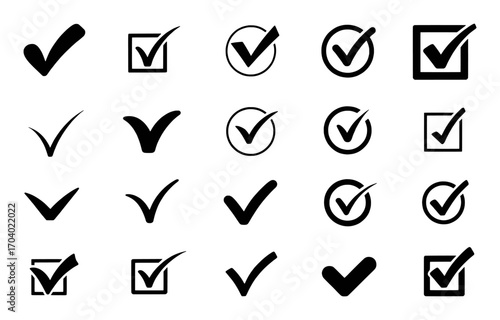 Collection of Black Check Mark Icons in Various Styles and Formats