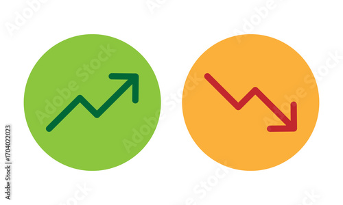 pair of circular icons with rising and falling trend lines, representing growth, decline, market momentum, and financial performance